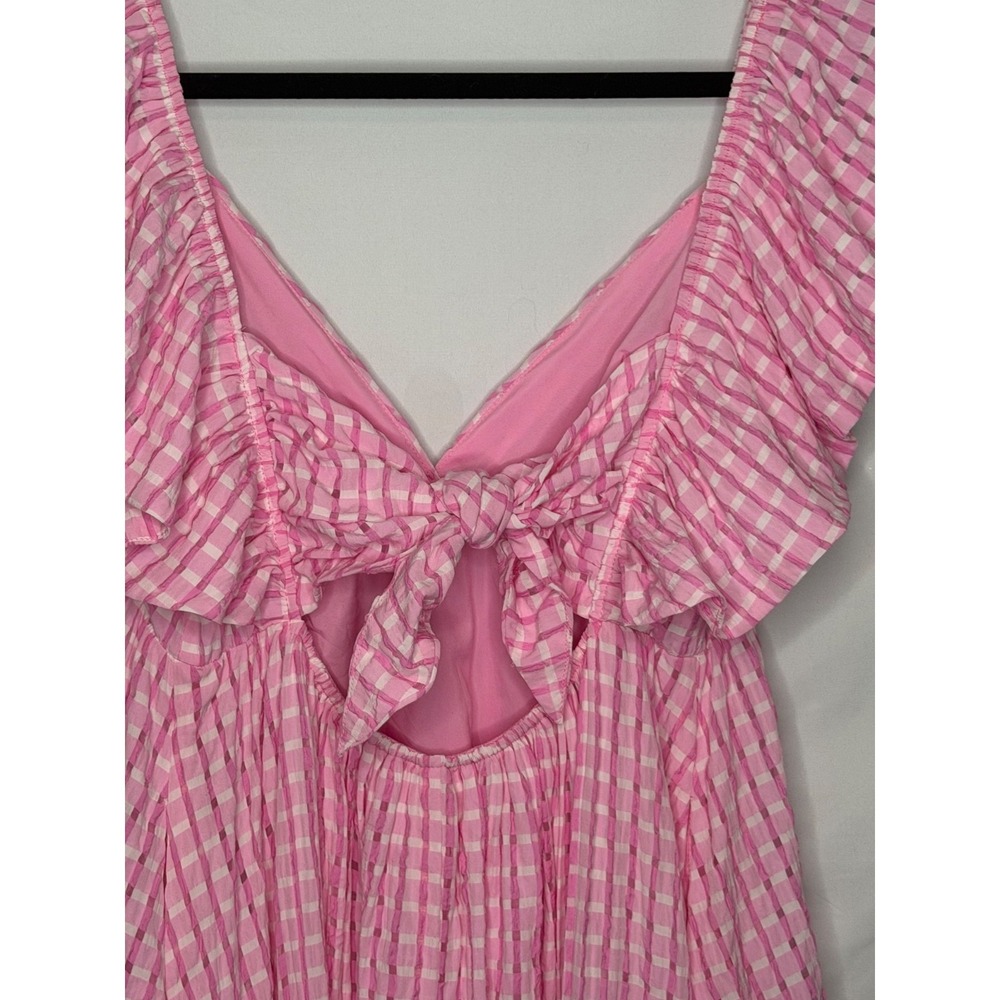 Day + Moon Pink Gingham Seersucker Mini Dress Pockets Open Back Bow L Large - Picture 5 of 12